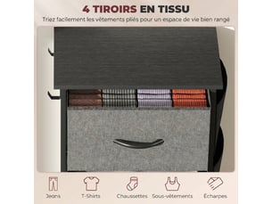 Commode 4 tiroirs en tissu, meuble de rangement avec 4 poches, 2 crochets, structure en acier, gris, 45 x 30 x 94,5 cm