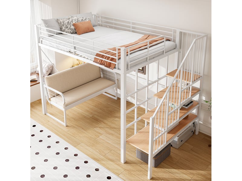  Lit mezzanine 140x200 cm avec canapé amovible et escalier de rangement blanc  - Conforama E
