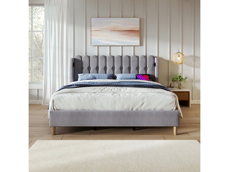  Lit double 160x200cm, port de charge usb, type-c, style épuré, design à boutons, incluant un matelas, lin, gris  - Conforama B