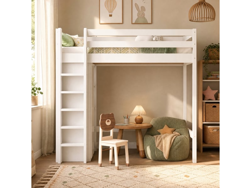  Lit mezzanine enfant 90x200 cm avec armoire et 6 étagères, blanc  - Conforama D