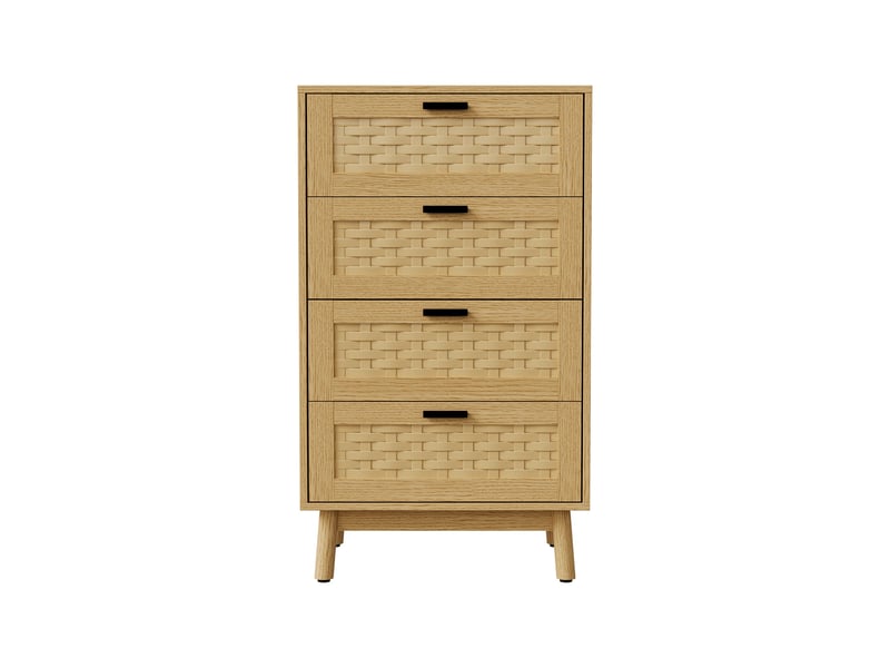  Commode 4 tiroirs effet rotin pvc - 55x40x95cm - meuble de rangement en chêne - pieds bois - naturel  - Conforama A