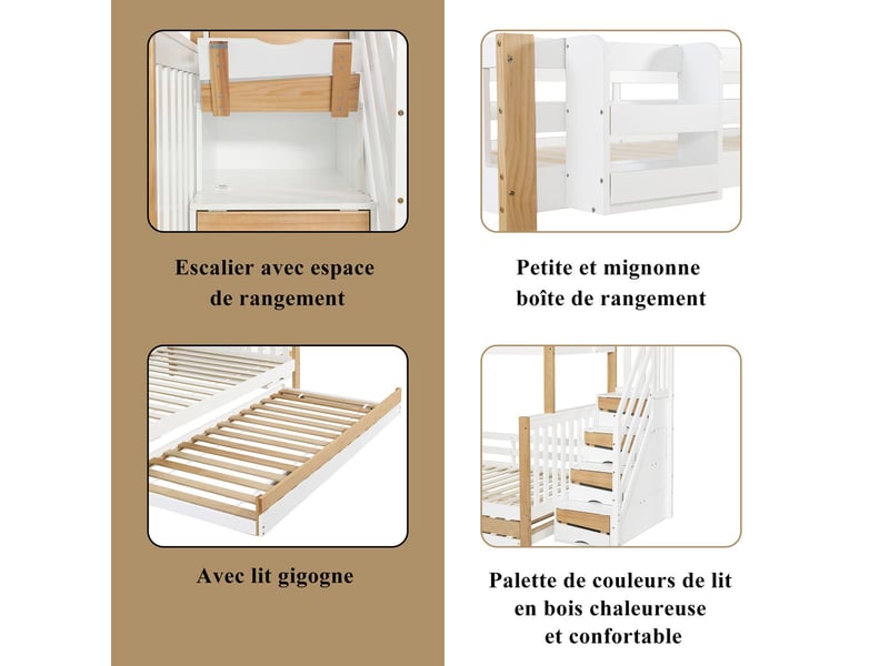  Lit superposé enfant 90120x200 cm avec lit gigogne, escalier de rangement, étagère intégrée et barrière de sécurité, pin massif  - Conforama E