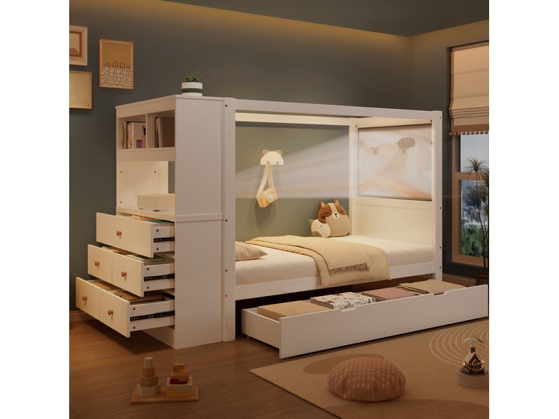  Modenvie lit enfant 90x200 cm - avec rangement, 5 tiroirs et barriere de securite, sans matelas - blanc  - Conforama E
