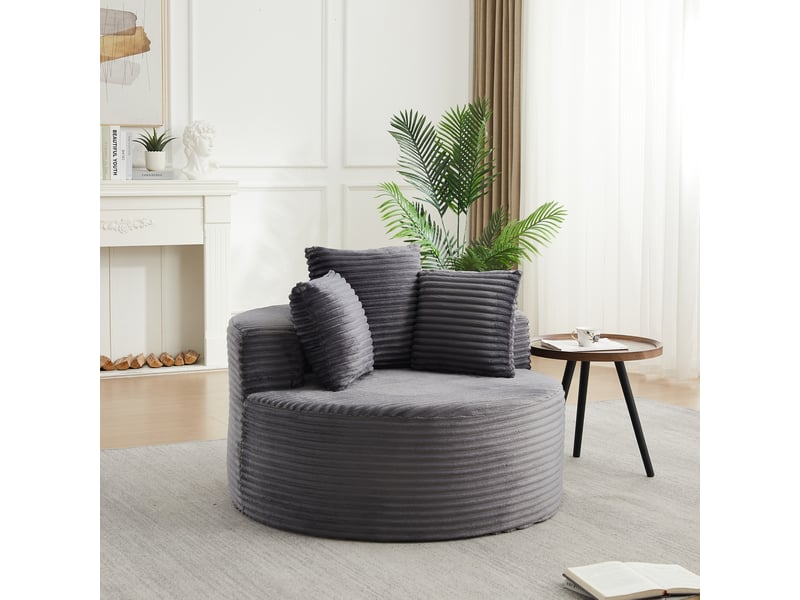 Canapé individuel circulaire en velours côtelé, 110 cm de diamètre, confort moelleux, lot de 3 coussins d’appoint, gris  - Conforama D
