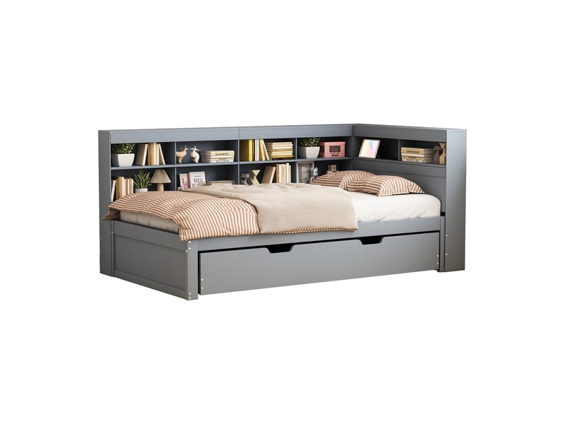 Lit simple gigogne 90x200+90x190 cm, prise usb, gain de place, lit enfant, espace de rangement, bois gris, sans matelas  - Conforama A