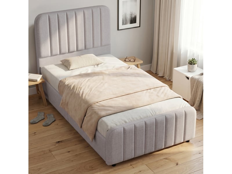  Lit coffre 90x200 cm, avec levage hydraulique et sommier à lattes, en lin, gris, sans matelas  - Conforama C