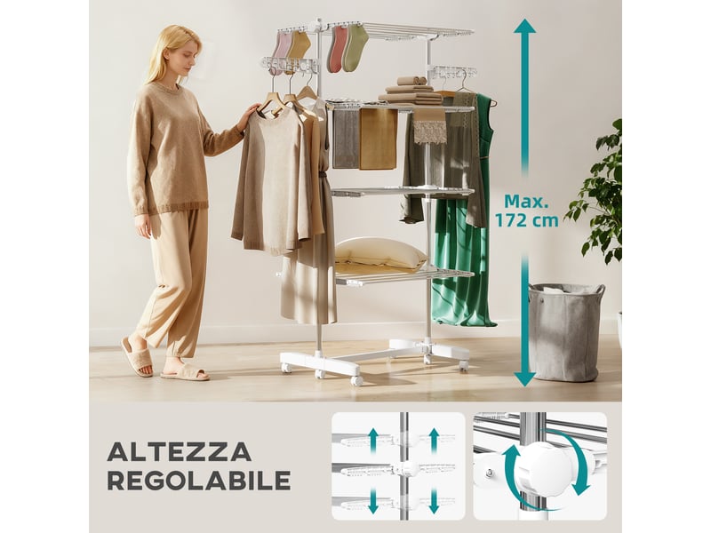  Étendoir à linge vertical pliable en acier et plastique avec 6 roulettes et 4 étagères réglables, 142 x 55 x 172 cm  - Conforama D