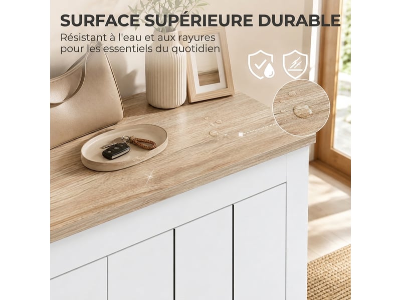  Meuble à chaussures 2 portes 4 niveaux 12 paires coloris chêne et blanc 80x32,8x105 cm  - Conforama E