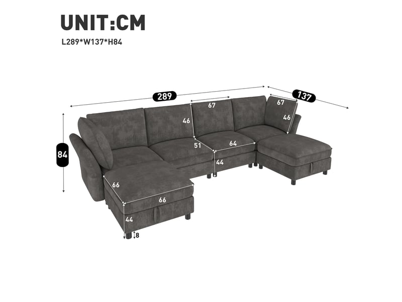  Canapé d'angle modulaire 6 places en tissu gris avec 2 poufs de rangement, configuration u ou l pour salon  - Conforama C