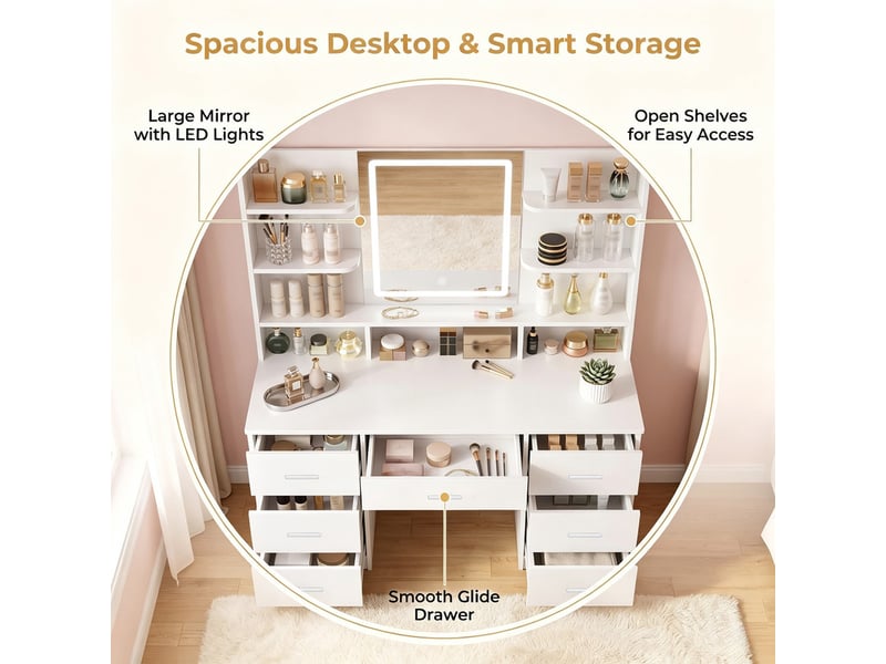 Grande coiffeuse multifonction avec miroir lumineux – table de maquillage blanche à grande capacité - Conforama D