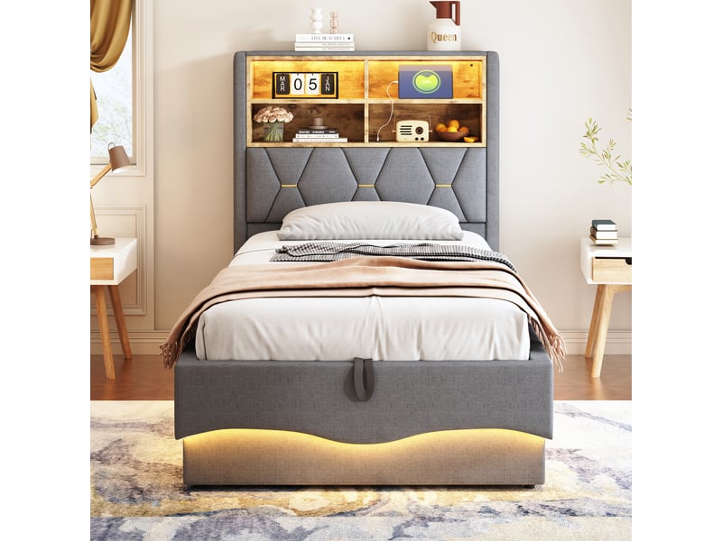  Lit coffre enfant 90x200 cm, lit simple avec rangement hydraulique, éclairage led et usb, matelas non précisé, gris  - Conforama B