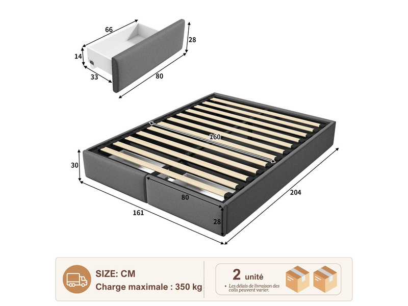  Lit coffre 160x200 sans tete de lit, cadre en lin - 12 lattes - montage rapide et facile - grand espace de rangement en dessous - capacité de charge 350 kg, lin gris  - Conforama C