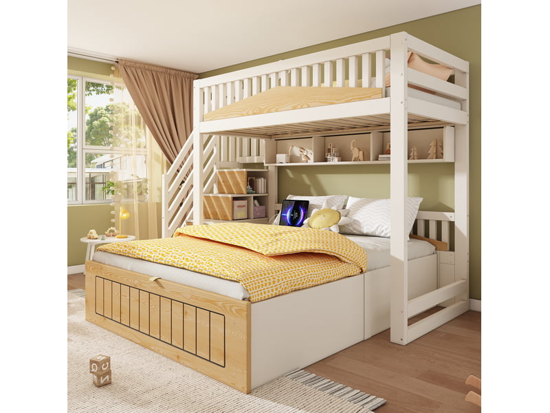  Lit superposé décalé 90x200 cm et 140x200 cm avec rangement hydraulique et escalier, mdf, blanc et naturel, sans matelas  - Conforama D