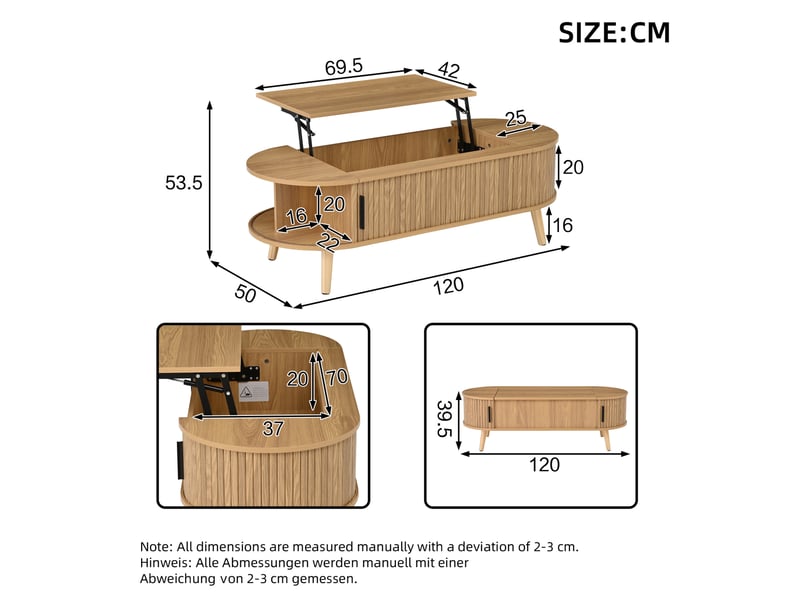  Table basse relevable avec 2 rangements latéraux et espace caché, style naturel, 4 pieds en bois, pour salon, en mdf  - Conforama D