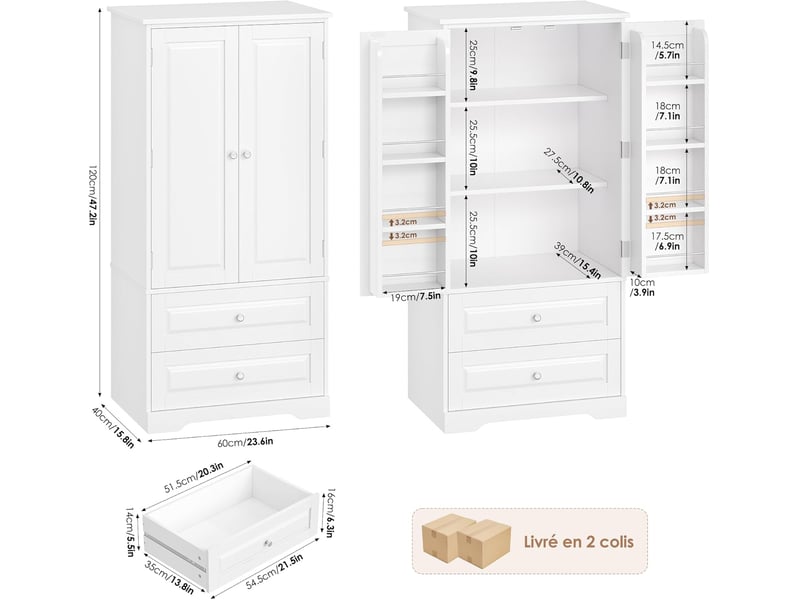 Buffet haut cuisine 120 cm vaisselier avec étagère de porte blanc - Conforama C