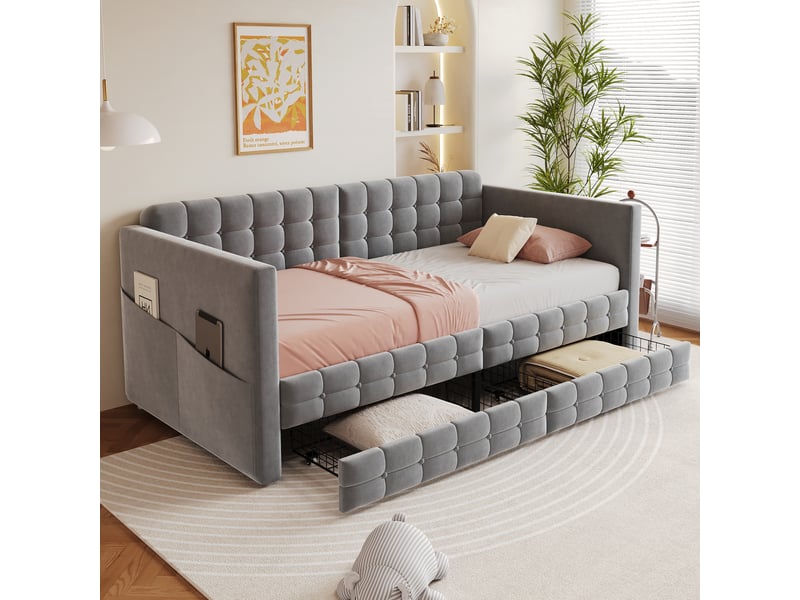  Canapé-lit 90x190 cm avec deux tiroirs, cadre de lit adulte avec compartiment de rangement, lit simple en velours, gris  - Conforama A