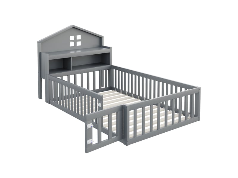 Lit enfant 90x200 cm en bois massif avec tête maison, étagères, porte, barrière et rangements, gris  - Conforama A