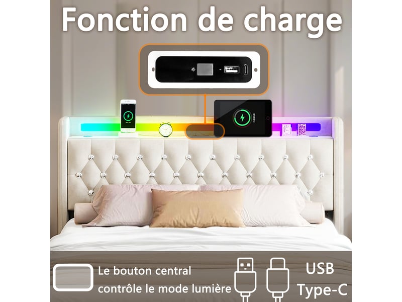  Lit 2 places 140x200 cm beige avec bluetooth, 4 tiroirs, led, ports usb+type-c sans matelas EBD852F-BG - Conforama R
