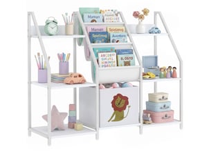 Bibliothèque pour enfants à 3 niveaux, étagère à livres pour enfants avec tiroir en tissu, 93 x 30 x 76 cm, blanc
