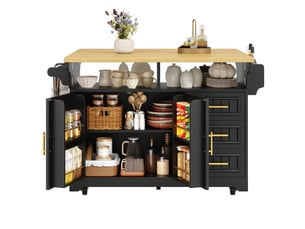 Desserte de cuisine 120x4080x95 cm, plan extensible, portes à motif vertical, 3 tiroirs, roulettes, mdf métal, noir