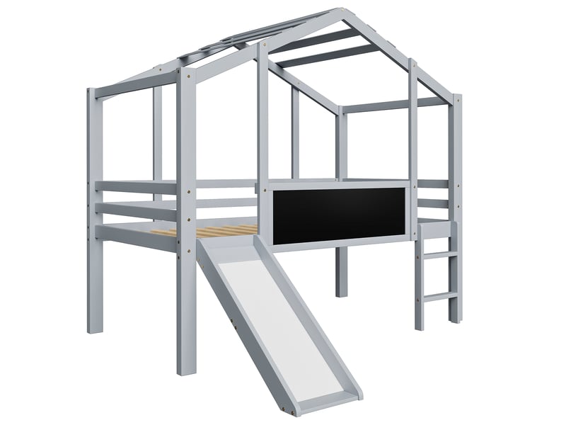  Lit enfant 90x200 cm gris en bois massif, mezzanine maison avec toboggan, échelle et tableau noir  - Conforama E