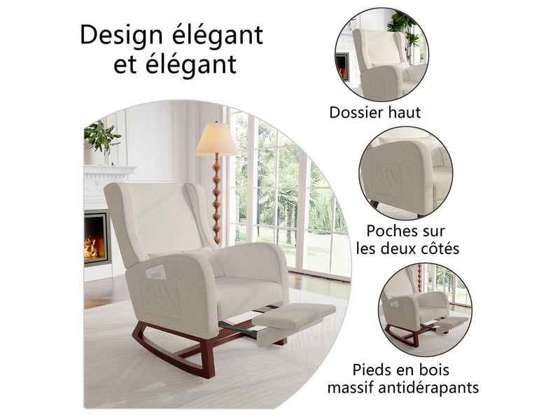  Fauteuil à bascule avec repose-pieds, chaise d'allaitement avec poche latérale, rocking chair avec pieds en bois massif pour salon, chambre, beige  - Conforama C