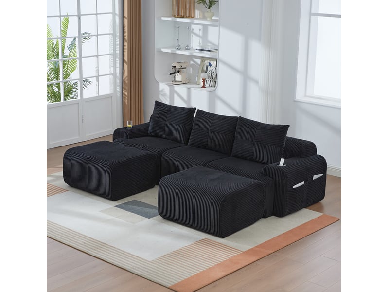  Canapé d'angle modulable 3 places en velours côtelé noir avec 2 poufs, porte-gobelet et rangement latéral  - Conforama E