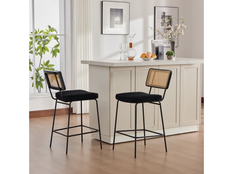  Lot de 2 chaises de bar tabouret de bar noir avec assise en tissu chenille et dossier aspect rotin pour cuisine 96.5cm  - Conforama R