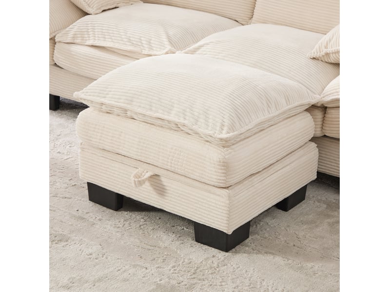  Canapé droit modulable 4 places en velours côtelé beige avec 2 poufs de rangement et port usb-c pour le salon  - Conforama D