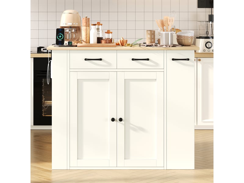  Îlot de cuisine avec deux chaises et plan de travail extensible, prises électriques intégrées, couleur blanche  - Conforama B