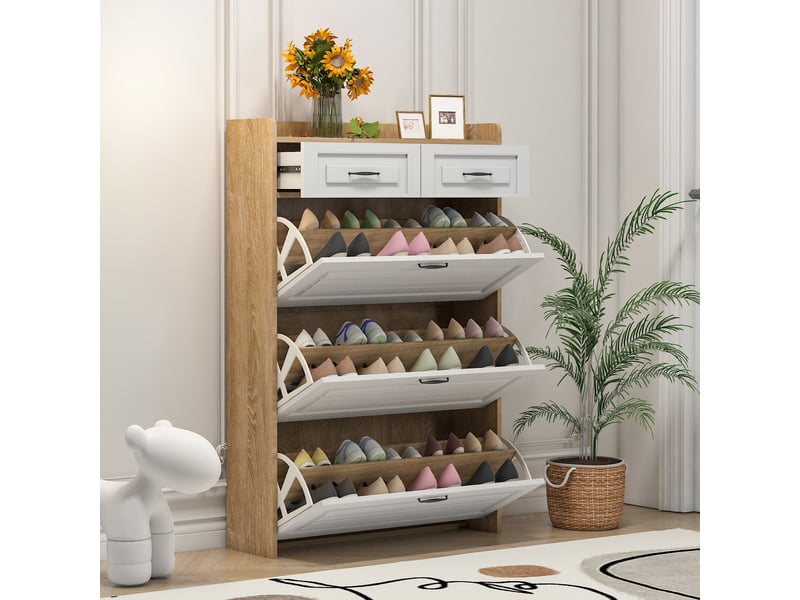 Meuble à chaussures avec 3 compartiments et 2 tiroirs - rangement pratique - mdf - sécurité anti-basculement - 125x80x23,5 cm - blanc et naturel  - Conforama B