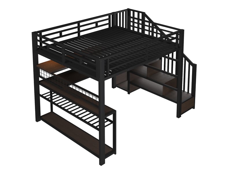  Lit mezzanine 2 places 140 × 200 cm avec led, bureau, armoire et rangements, sans matelas, noir  - Conforama E