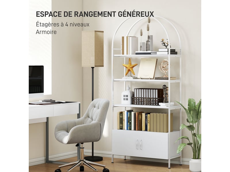  Bibliothèque arquée 4 niveaux avec placard 2 portes blanc 80x30x187 cm  - Conforama D