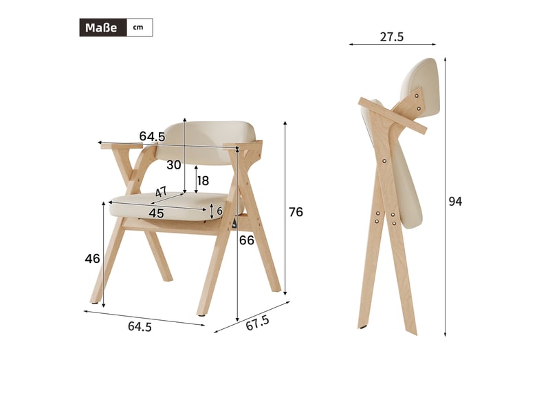  Chaises de salle à manger pliantes lot de 2 avec accoudoirs  - bois massif, lin beige  - Conforama D