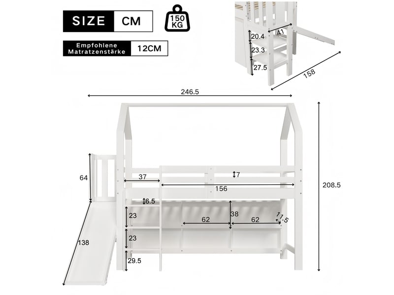  Lit enfant cabane 90x200 cm, toboggan, escalier, rangements, sommier à lattes, bois et mdf blanc, sans matelas  - Conforama C