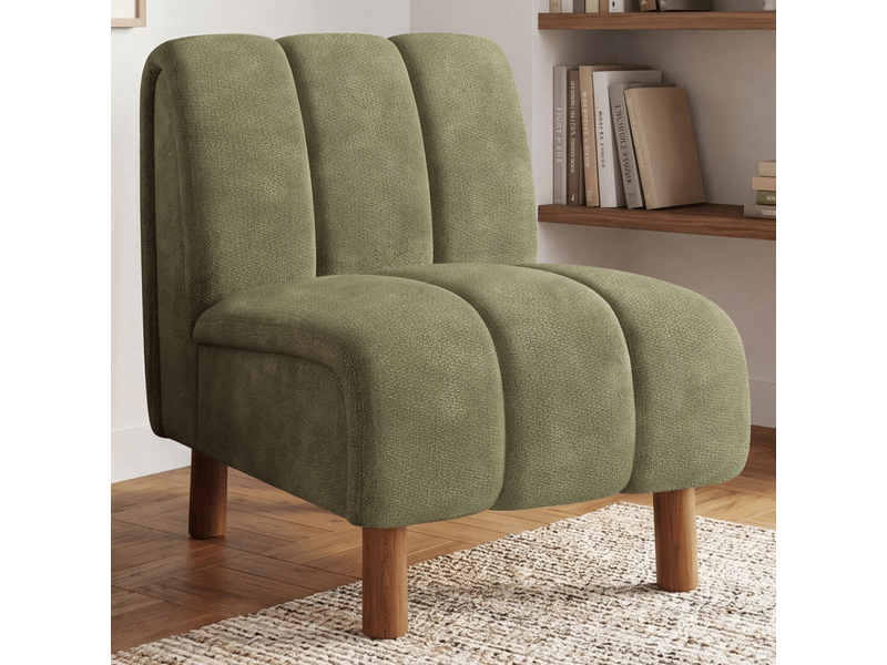  Fauteuil hector tissu chenille vert et pieds arrondis effet noyer  - Conforama B
