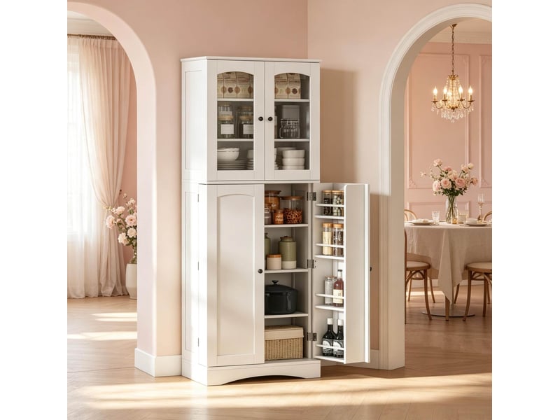  Buffet de cuisine blanche 60 x 40 x 162 cm avec vitrines en acrylique, étagères réglables  - Conforama C