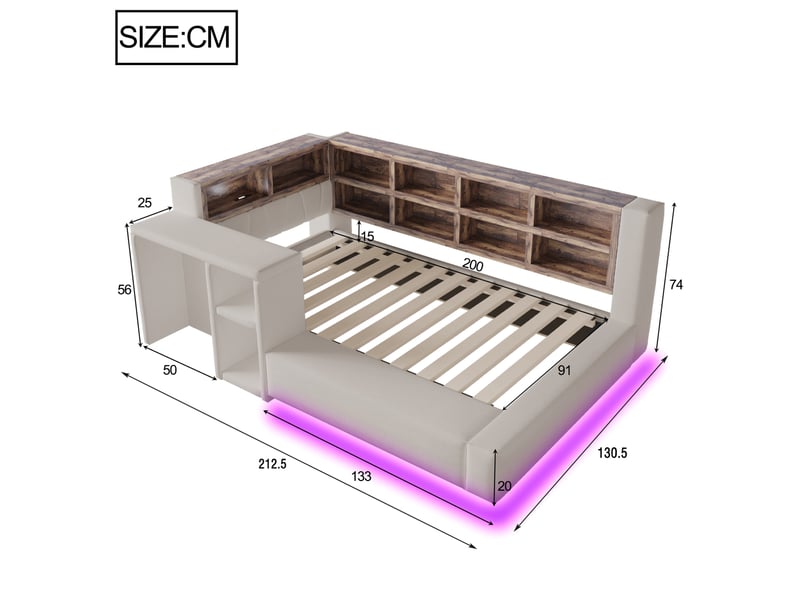 Lit avec tête de lit rembourrée 90 x 200 cm, avec fond plat, avec lumières led, prises intégrées, table de chevet, banquette intégrée, gris clair - Conforama E