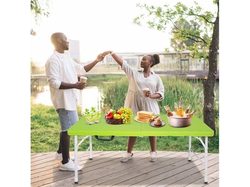 Table de jardin pliante 125x61 cm verte en plastique et métal, hauteur réglable de 58 à 74 cm avec poignée - Conforama B