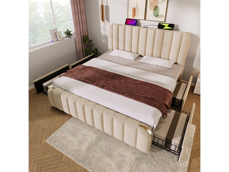 Lit adulte 180x200 rangement usb sommier matelas lin beige 4 tiroirs charge homvra  - Conforama B