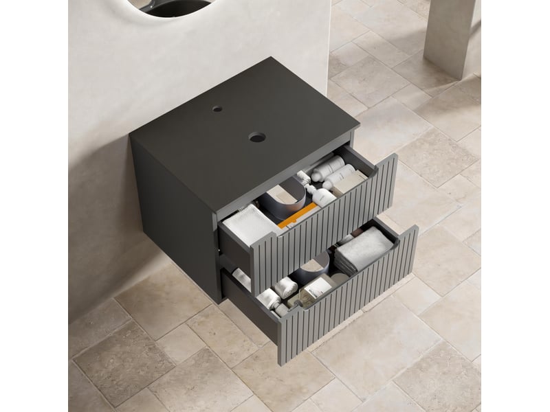 Meuble sous vasque avec 2 tiroirs et plan en pierre frittée moderne pour salle de bain gris foncé 59,5 × 45,5 × 48 cm - Conforama B