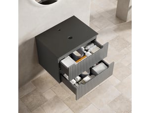 Meuble sous vasque avec 2 tiroirs et plan en pierre frittée moderne pour salle de bain gris foncé 59,5 × 45,5 × 48 cm