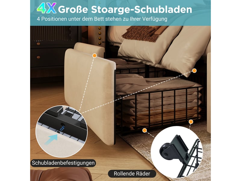  Lit avec tiroirs double 160×200 cm, 4 tiroirs, led, usb et type-c - okmyhome- velours beige, matelas inclus  - Conforama E