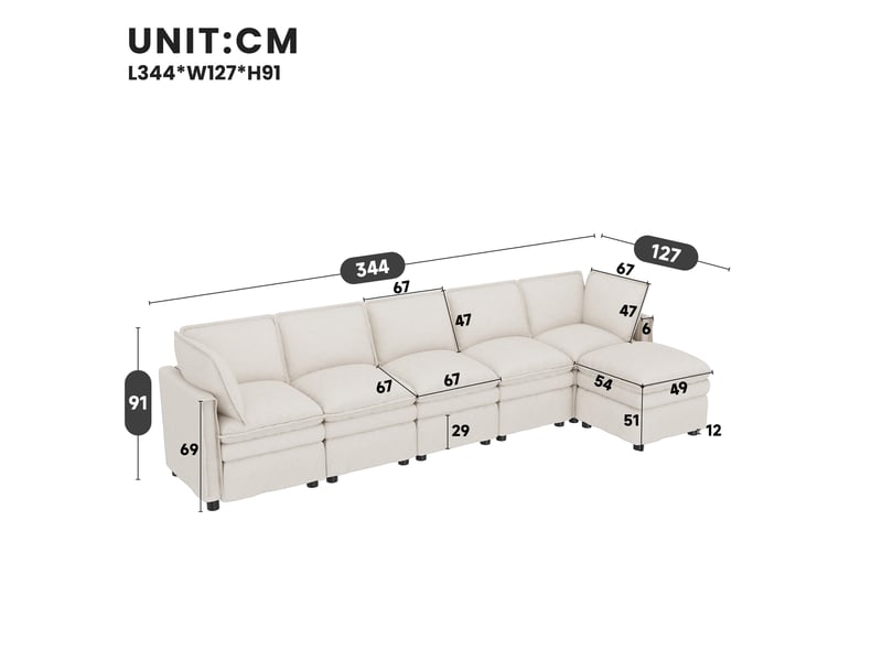  Canapé modulable modenvie xxl 6 places avec fonction couchage, configuration en u ou l, pouf mobile, chenille beige, 344 x 127 x 91 cm  - Conforama C