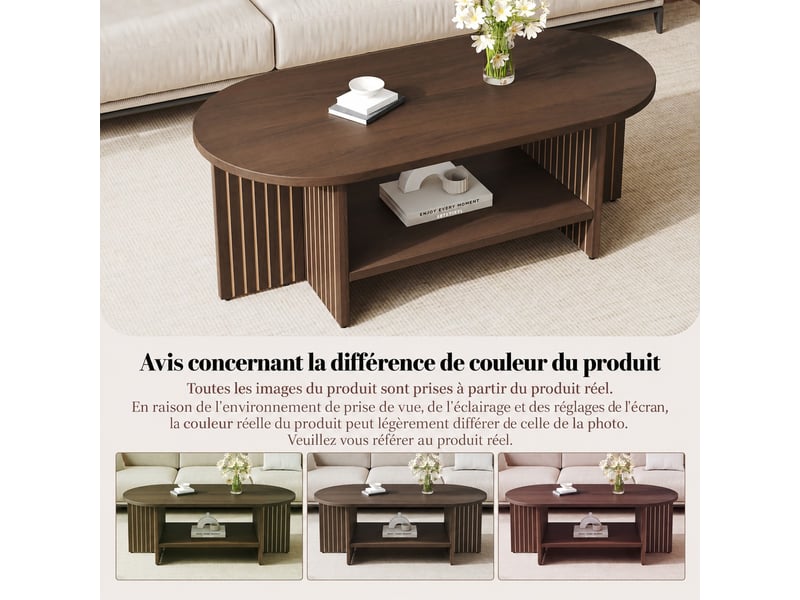  Table basse salon ovale 100x49x35 cm, table d'appoint design compact pour canapé chambre bureau, noyer  - Conforama E