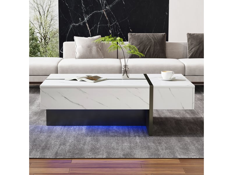  Table basse blanche moderne avec led effet marbre, 3 tiroirs, 105x60x35 cm  - Conforama B