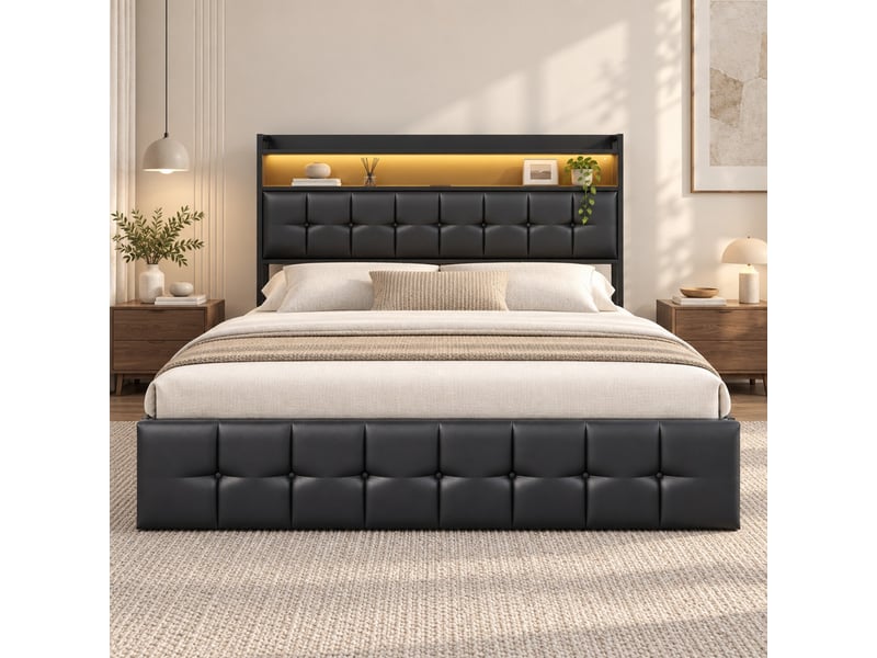  Lit coffre 2 places 140x190 cm avec rangement, lit adulte, port usb, led, tête de lit, design simple, pu noir  - Conforama D