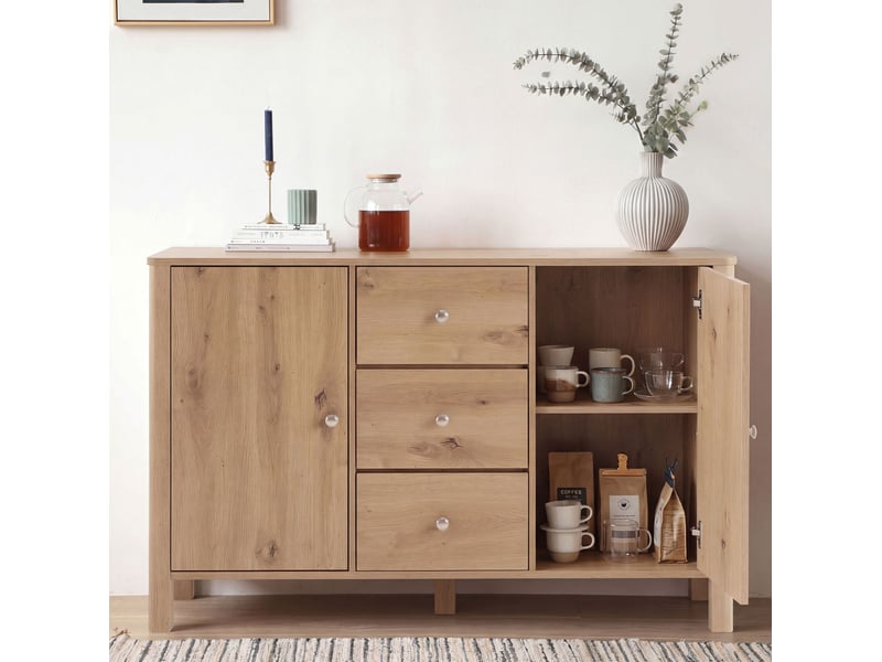  Buffet de rangement 120x40x80 cm, trois tiroirs et deux portes, panneaux de particules, couleur bois, style naturel  - Conforama B