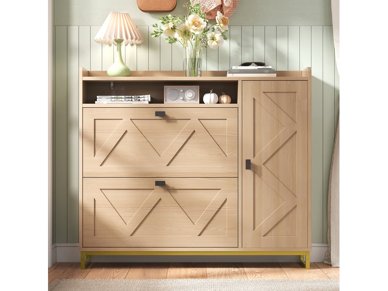  Meuble à chaussures 110x24x100 cm avec portes abattantes en mdf, coloris naturel  - Conforama D