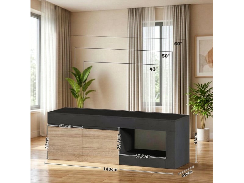  Meuble tv noir et bois clair 140 cm, 2 portes et étagère ouverte, jusqu'à 60 pouces, rangement pratique  - Conforama C